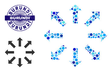 Circle collage explode arrows icon and BURUNDI round unclean stamp print. Violet stamp includes BURUNDI tag inside circle and guilloche style. Vector collage is based on explode arrows icon,
