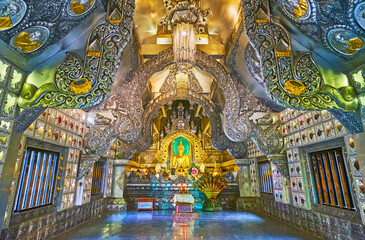 Canvas Print - Chiang Saen style Phra Jao Jed Tue Buddha in Silver Temple's Ubosot, on May 4 in Chiang Mai, Thailand