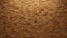 Rectangular, Natural Wall Background With Tiles. Wood, Tile Wallpaper With 3D, Timber Blocks. 3D Render