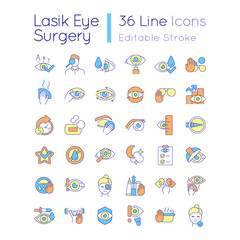 Wall Mural - Laser eye surgery RGB color icons set. Preparation before eye operation. Vision improvement after procedure. Isolated vector illustrations. Simple filled line drawings collection. Editable stroke