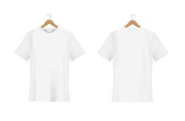 White T-shirt Mockup hanging on a wooden hanger. Vector realistic template. Front and back view. Unisex collection. Blank fashion design. EPS10.