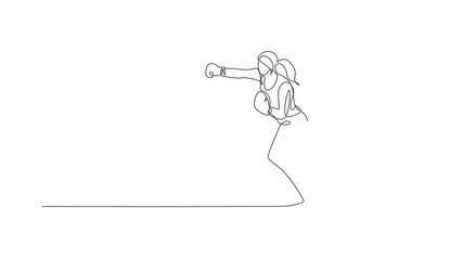 Poster - Animated self drawing of continuous line draw young agile woman boxer practice punch attack the rival. Fair combative sport concept. Full length one line animation for boxing game promotion media.