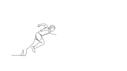 Poster - Animated self drawing of continuous line draw young sporty man runner focus to run fast at track. Health activity sport concept. Full length single line animation for running event promotion poster.
