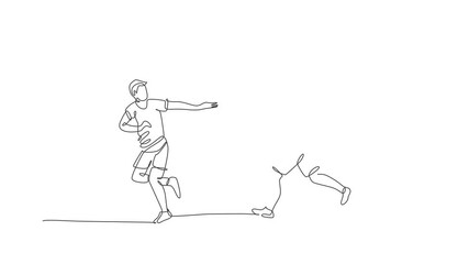 Wall Mural - Animation of one line drawing young happy runner man pass baton stick to his teammate at race. Healthy lifestyle and competitive sport concept. Continuous line self draw animated. Full length motion.