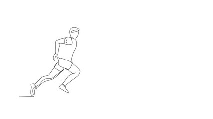 Poster - Animation of one line drawing of energetic man runner practice at run track. Individual sports, training concept. Continuous line self draw animated for running competition banner. Full length motion.