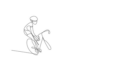 Poster - Animated self drawing of continuous line draw sporty man bicycle racer wave hand to supporters. Road cyclist concept. Full length single line animation illustration for cycling competition poster.