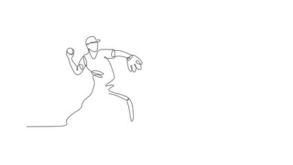 Poster - Animation of one line drawing of energetic man baseball player practice to throw the ball. Sport training concept. Continuous line self draw animated for baseball tournament banner. Full length motion