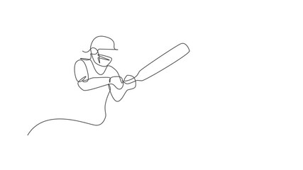 Wall Mural - Animation of one line drawing of energetic woman cricket player successfully hit the ball home run. Sport concept. Continuous line self draw animated for cricket competition banner. Full length motion