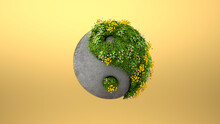 Three Dimensional Render Of Yin And Yang Symbol Made Of Concrete And Springtime Meadow