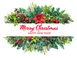 Wall Mural - christmas composition with fir branches, berries, cones, poinsettia flower isolated on white