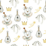 Watercolor seamless pattern with bear, toy guitar, star, crown, bow. Isolated on white background. Hand drawn clipart. Perfect for card, fabric, tags, invitation, printing, wrapping.