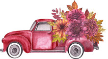 Watercolor Red Truck With Autumn Flowers And Fall Leaves