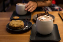 Japan, Kyoto, Hot Chocolate, Cake And Brownie In Coffee Shop