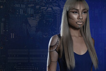 Female Robot With Bangs Against Blue Background