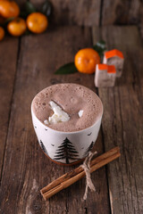 Sticker - Cocoa with ice cream in a mug on a wooden background