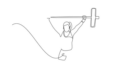 Poster - Animated self drawing of single continuous line draw young strong weightlifter woman preparing for barbell workout in gym. Weight lifting training concept. Full length one line animation illustration.