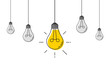 Hanging light bulbs with one glowing. Electric extinct lightbulbs set and one glowing. Concept of idea and choosing successful idea from many failed ones. Flat style. Vector illustration.
