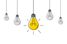 Hanging Light Bulbs With One Glowing. Electric Extinct Lightbulbs Set And One Glowing. Concept Of Idea And Choosing Successful Idea From Many Failed Ones. Flat Style. Vector Illustration.