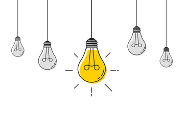 Hanging light bulbs with one glowing. Electric extinct lightbulbs set and one glowing. Concept of idea and choosing successful idea from many failed ones. Flat style. Vector illustration.