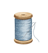 Watercolor Vintage Antique Blue Wooden Bobbin Of Thread With Steel Needle For Sewing Pattern Isolated On White Background. Hand Drawn Illustration Sketch