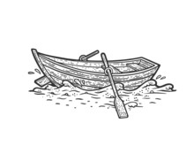 Wooden Boat On Water Waves Sketch Engraving Vector Illustration. T-shirt Apparel Print Design. Scratch Board Imitation. Black And White Hand Drawn Image.