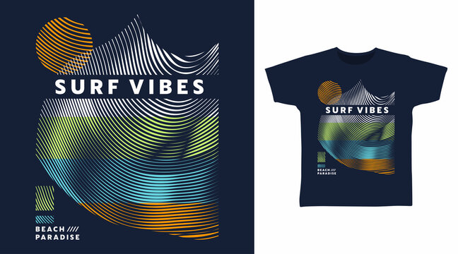 Surf  vibes typography with line art tee design concept