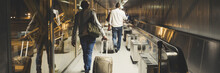 People travel and walking with luggages inside airport. Flights departures or arrival travelers in banner header size