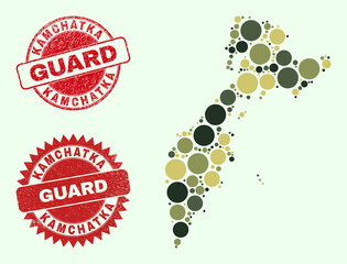 Canvas Print - Vector spheric items mosaic Kamchatka map in camo hues, and dirty stamp seals for guard and military services. Round red stamp seals include word GUARD inside.