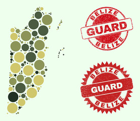 Canvas Print - Vector round parts composition Belize map in camo colors, and textured seals for guard and military services. Round red stamp seals contain word GUARD inside.