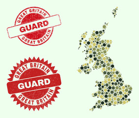 Canvas Print - Vector round items mosaic United Kingdom map in camouflage hues, and dirty seals for guard and military services. Round red seals have phrase GUARD inside.