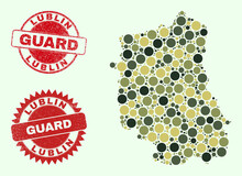 Vector Round Parts Mosaic Lublin Voivodeship Map In Camo Hues, And Textured Seals For Guard And Military Services. Round Red Seals Include Phrase GUARD Inside.