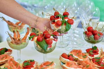 Wall Mural - Buffet table with snacks, canape, sandwiches and appetizers at luxury wedding reception outdoors, copy space. Serving food. Catering banquet table