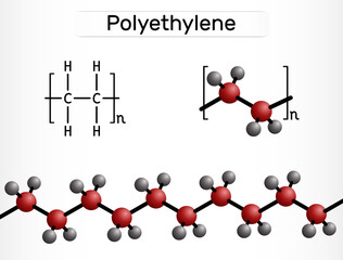 Poster - Polyethylene, polythene, PE, polyethene, poly(methylene) molecule. It is polymer of ethylene, the most common plastic. Structural chemical formula and molecule model.