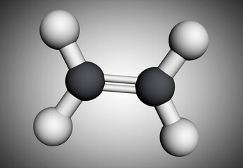 Poster - Ethylene, ethane, C2H4 molecule. It is organic compound, hydrocarbon, alkene. Molecular model. 3D rendering