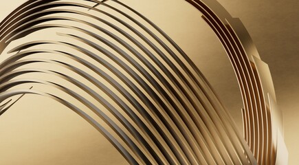 Abstract gold lines are curved on a black background. Optical illusion of concavity