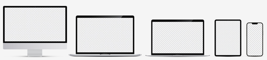 device screen mockup 2021. monoblock monitor, laptop pro and thin, tablet, smartphone with blank scr