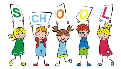 Wall Mural - Group of five children, funny vector illustration. Girls and boys holding banner with text school. 