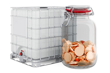 Poster - intermediate bulk cistern with glass jar full of golden coins, 3d rendering