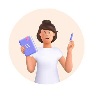 Wall Mural - Young woman Jane holding book and pencil. Education, knowledge, study concept. 3d vector people character illustration. Cartoon minimal style.