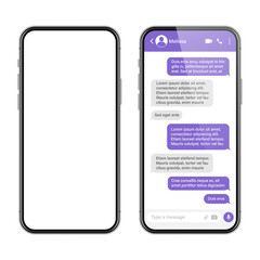 Wall Mural - Realistic smartphone with messaging app. SMS text frame. Conversation chat screen with violet message bubbles and placeholder text. Social media application. Vector illustration.