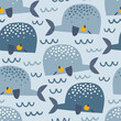 © AngellozOlga - Blue Yellow Whale in the waves vector seamless pattern. Cute ocean creatures background. Scandinavian decorative childish surface design for nautical nursery and navy kids fabric.