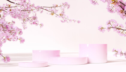 Wall Mural - Springtime mood product display pink background with geometric podiums and flowering tree branches. 3d rendering still life object showcase mockup design template