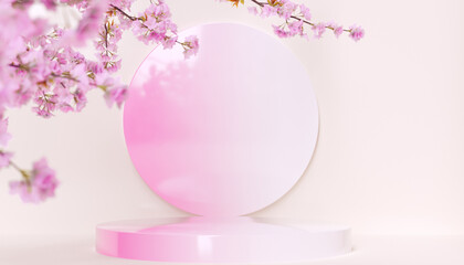 Wall Mural - Springtime mood product display pink background with geometric podiums and flowering tree branches. 3d rendering still life object showcase mockup design template