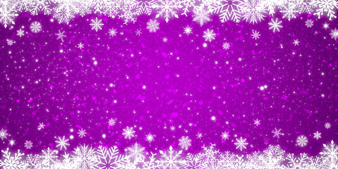 Wall Mural - Frame of white snowflakes on a snowy purple background. Christmas banner