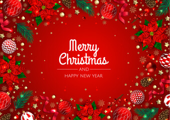 merry christmas and happy new year. xmas background with poinsettia, snowflakes, star and balls desi