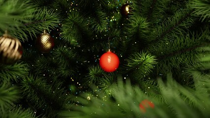 inside of christmas tree. a slow zoom-in with selective focus on a red ornament hanging on a festive