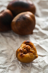 Roasted chestnut, close up of a caldarroste 