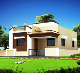 Wall Mural - 3D rendering of the exterior of a private house with modern architecture