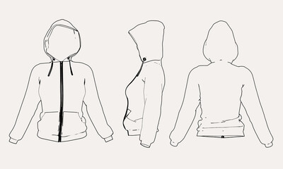 Wall Mural - Views of Women's Hoodie. Vector MockUp of Sport Sweater with Hood and Zip in Outline Style.