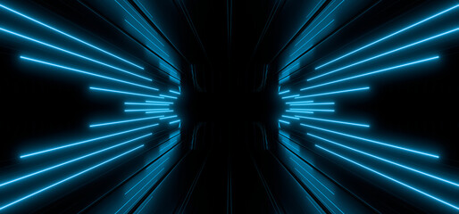Wall Mural - Sci Fy neon lamps in a dark corridor. Reflections on the floor and walls. 3d rendering image.